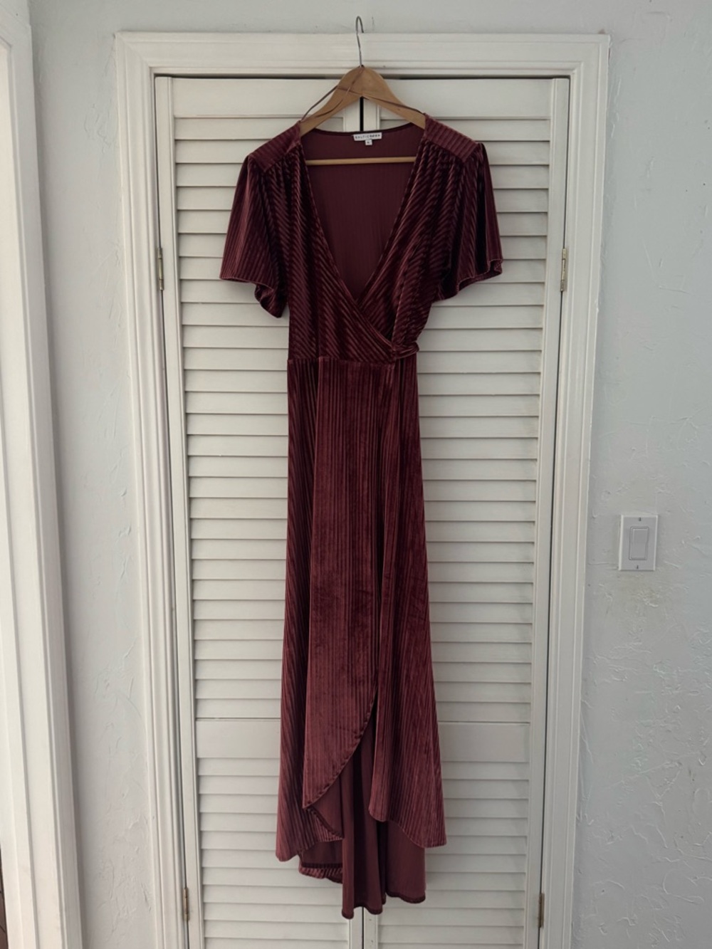 Baltic Born Ribbed Velvet High-Low Wrap Dress in Dark Rose